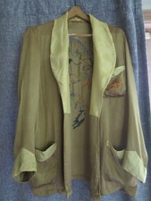 Vintage 1940/50 Japanese Embroidered Dragon Smoking Jacket Tan Satin Robe