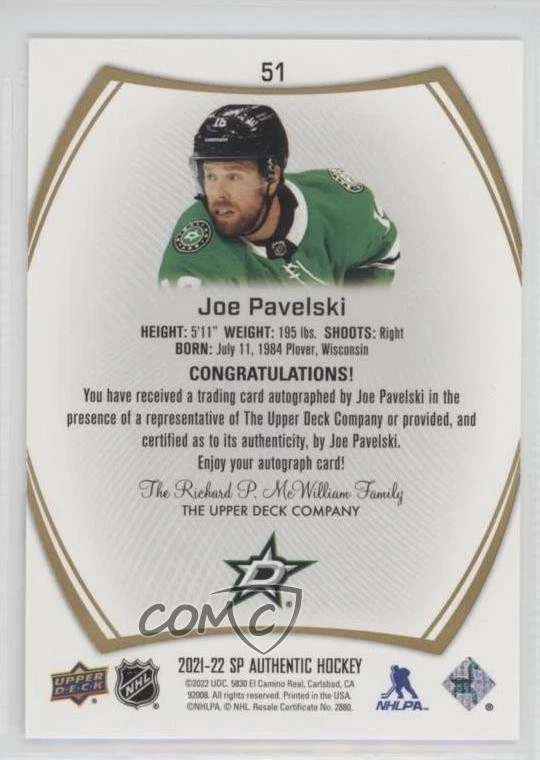 2021-22 SP Authentic Limited Auto Joe Pavelski #51 Auto - Image 2 of 2