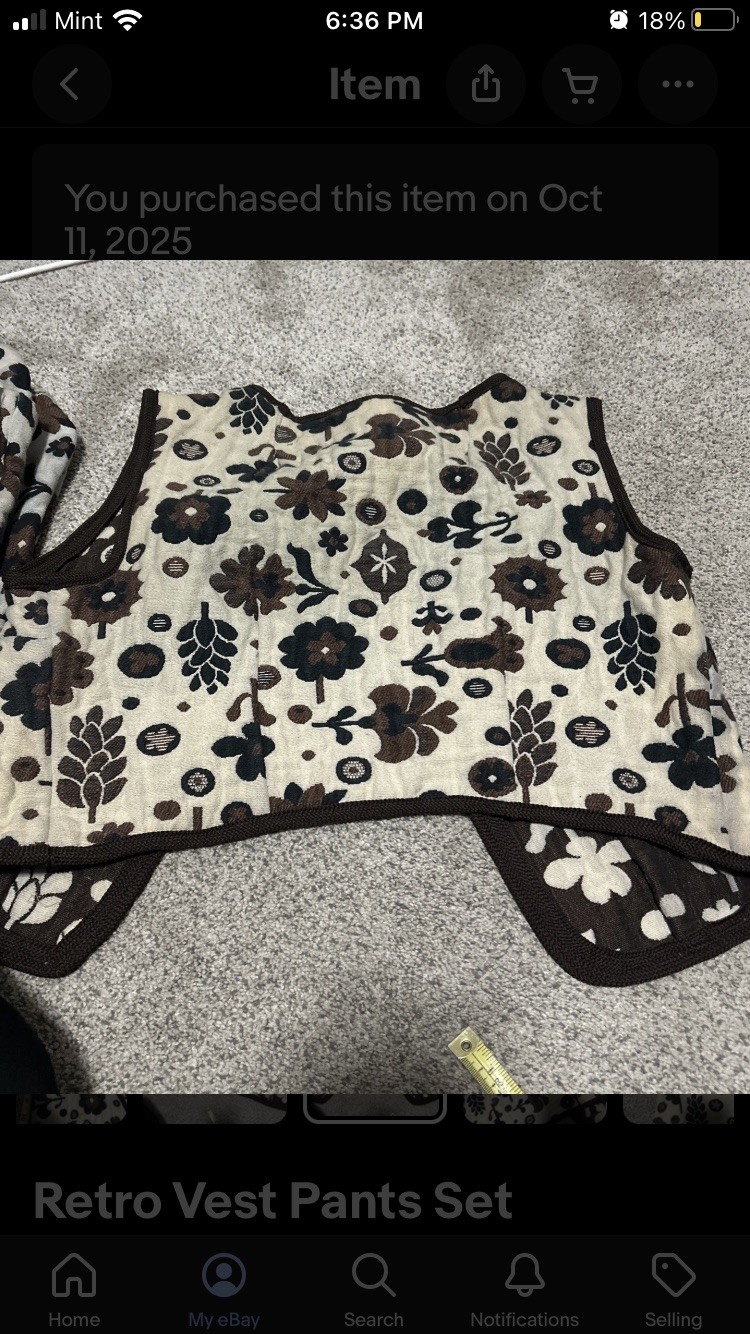 2pc Vest Pants suit Set Womens S Brown Tapestry bell bottom 70s Floral Vtg daisy