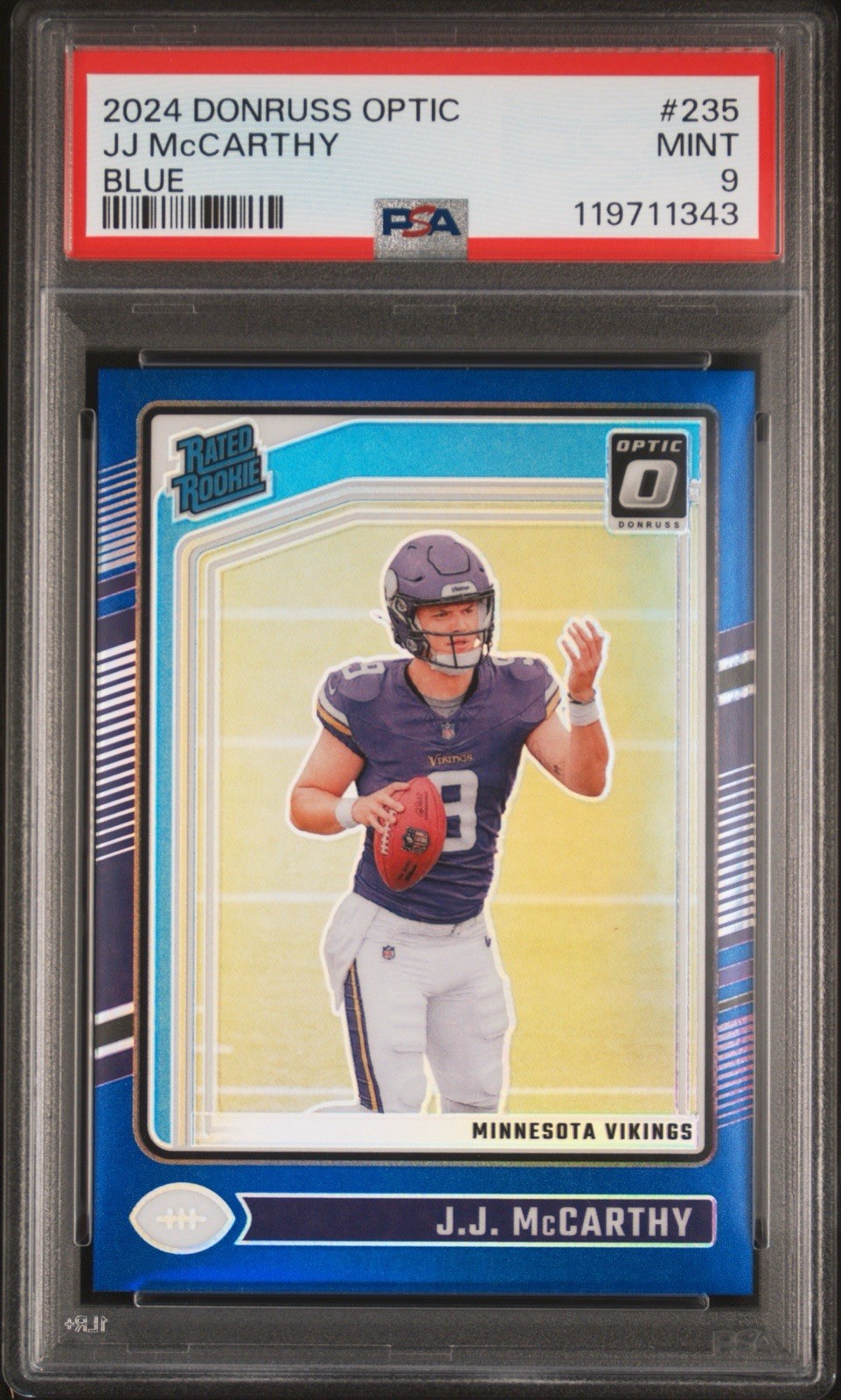 JJ J.J. McCarthy 2024 Panini Donruss Optic #235 Blue Prizm RC /199 PSA Mint 9!