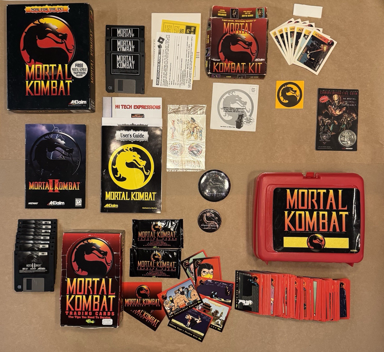 Mortal Kombat Collector’s Lot- Lunch Box, PC floppy, Kit, Cards, Coin,  Buttons