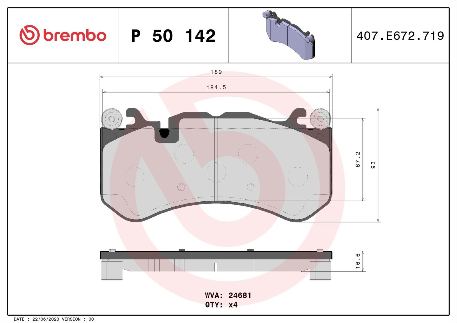 PLAQUETTES DE FREIN BREMBO - P 50 142 avec Cale Anti-Bruit Épaisseur 17mm