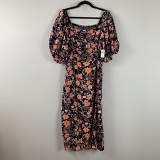 Old Navy Puff-Sleeve Floral-Print Pintucked Smocked Midi Swing Dress Size XL