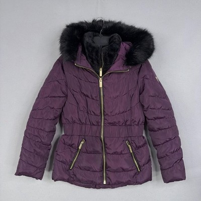 Guess Jacket Womens Small Purple Quilted Puffer Hooded Faux Fur Zip Pockets Y2K