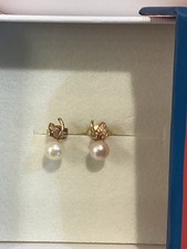 14 K Gold Cultured Pearl Stud Earrings Diamond Accents