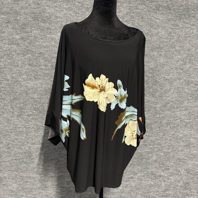 Frank Lyman Blouse Womens 14 Black Floral Kimono Sleeve Scoop Neck Tunic Top