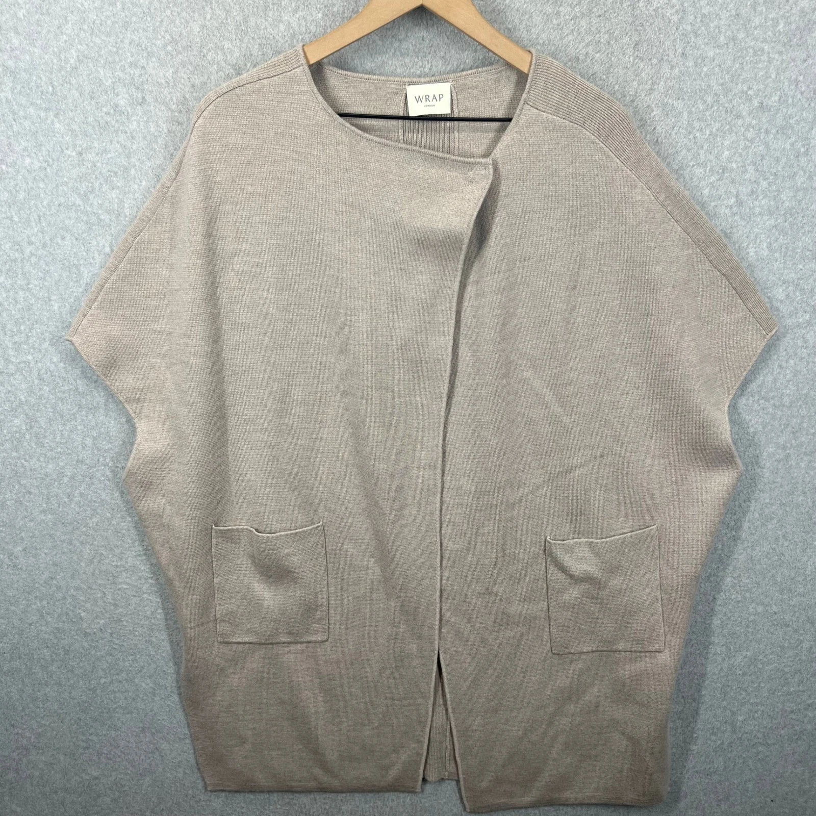 Wrap London Poncho Cardigan Women Size 8 Beige 100% Merino Wool Pockets EUC