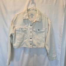 Forever 21 Womens Crop Denim Jacket Cream Color Frayed Hem Button Front Medium