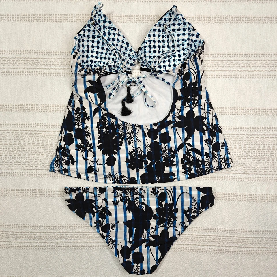 Juego de Natación Tankini Floral Azul Negro Lucky Brand Talla L NUEVO Foto 2 de 4