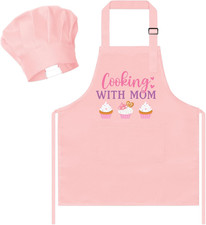 Kid Apron and Chef Hat Set 2Pcs Adjustable Pink with Mom Cooking