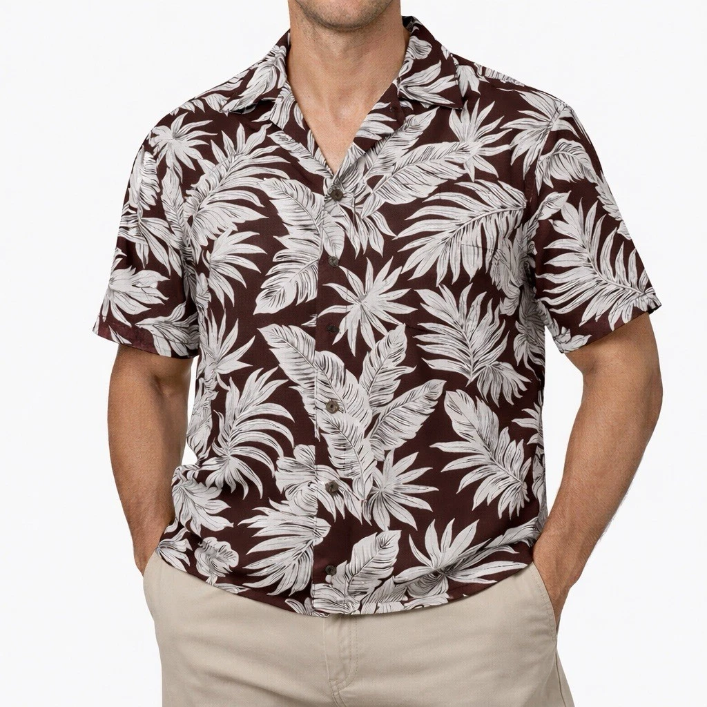 Campia Hawaiian Shirt Mens L 100% Rayon Brown Maroon Palm Leaf Button Up