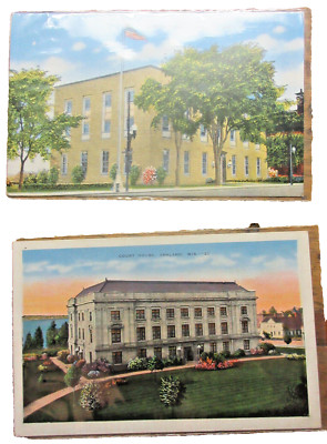 2 POSTCARDS COURTHOUSE  ASHLAND WISCONSIN NEW POST OFFICE