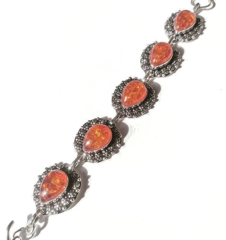 Brazalete de joyería hecha a mano de plata de ley 925 con piedras preciosas de ámbar báltico (creado en laboratorio) Foto 3 de 4