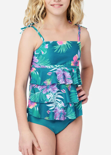 JUSTICE Girls Swimsuit Tankini Bikini Ruffle Swim Floral 7 8 S M Green Tropical - Picture 2 of 5
