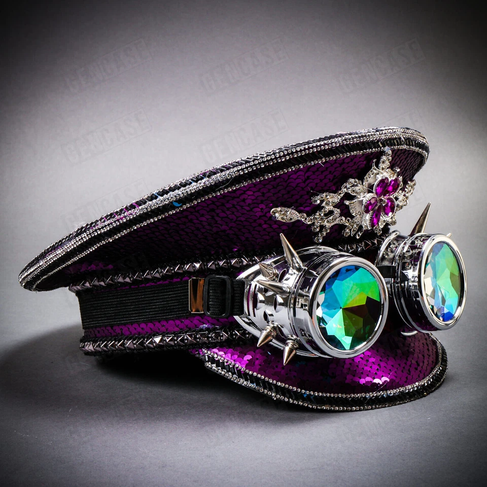 紫色亮片蒸汽朋克 BurningMan Captain Hat Chrome Spike Goggle 万圣节帽子 — 第 2/4 张图片
