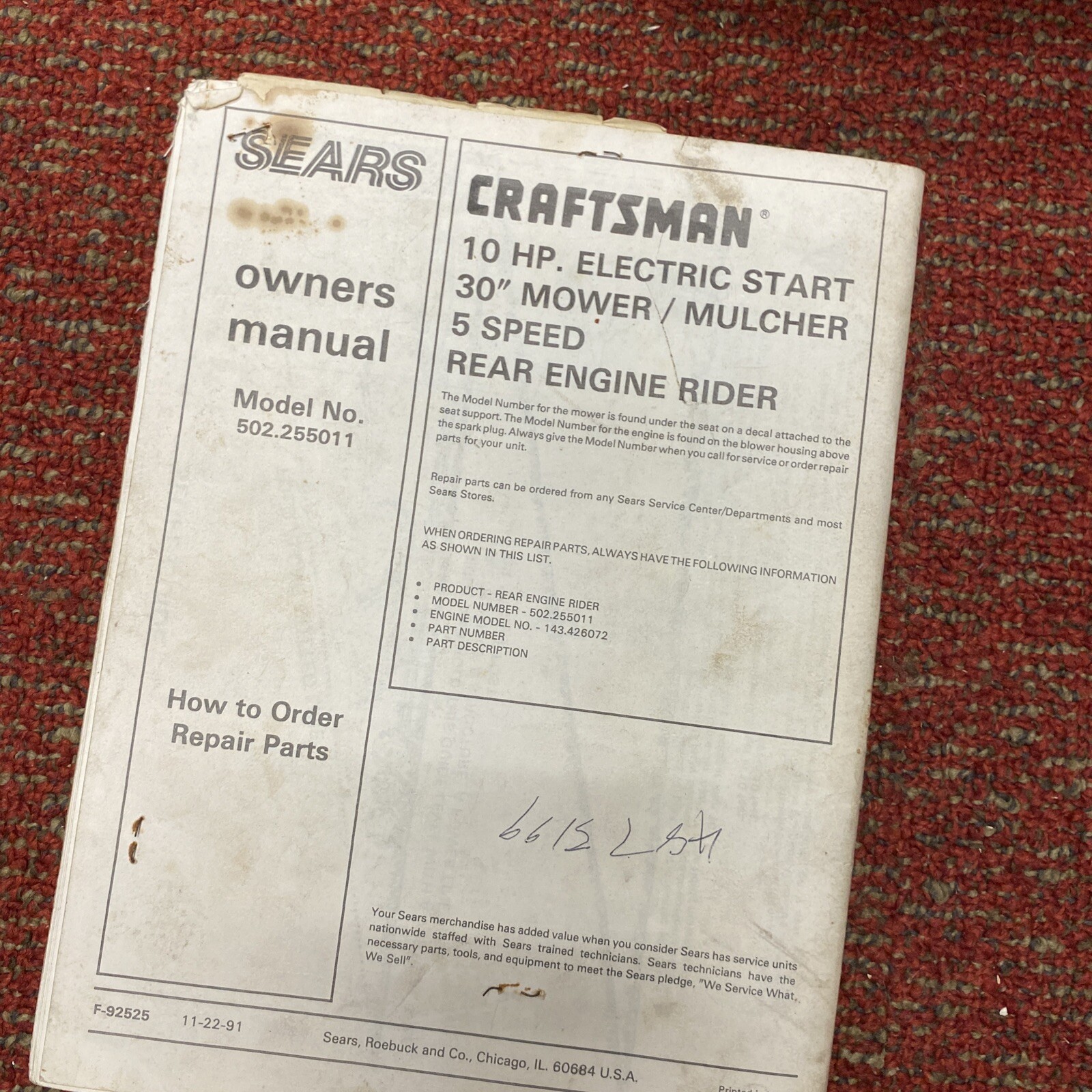 sears owners manual for tractor lawn mower 502.255011 eBay
