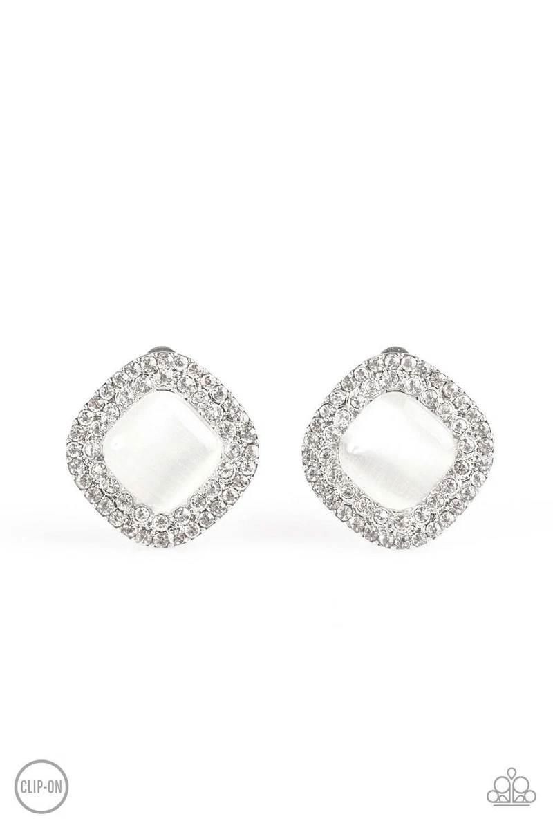 Paparazzi White Moonstone Womens Clip on Earrings DEW What I DEW