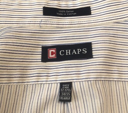 Chaps Dress Shirt 17-17 1/2 x 34/35 XL Blue Gold Stripes Classic EUC - Picture 3 of 5