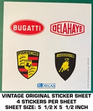 BUGATI - DELAHAYE - PORSCHE - LAMBORGHINI - VINTAGE ORIGINAL DECAL STICKER SHEET