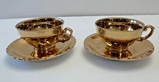 Arnart Gold Porcelain Tone Teacup & Saucer Set of 2 Vintage Japan Footed Cups