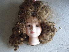 Vintage Porcelain Girl Doll Head and Neck with Brown Hair Wig 4 1/4" Tall