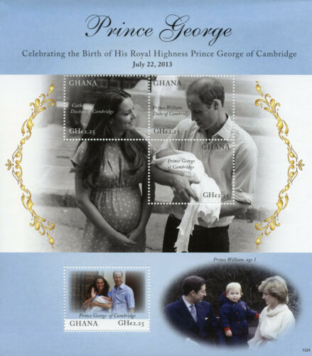 Timbres royaux du Ghana 2013 neuf neuf neuf dans son emballage naissance prince George bébé royal William Kate 4 V M/S - Photo 1 sur 1