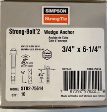 (10) Simpson Strong-Tie STB2-75614 3/4" x 6-1/4" Zinc Strong-Bolt2 Wedge Anchor