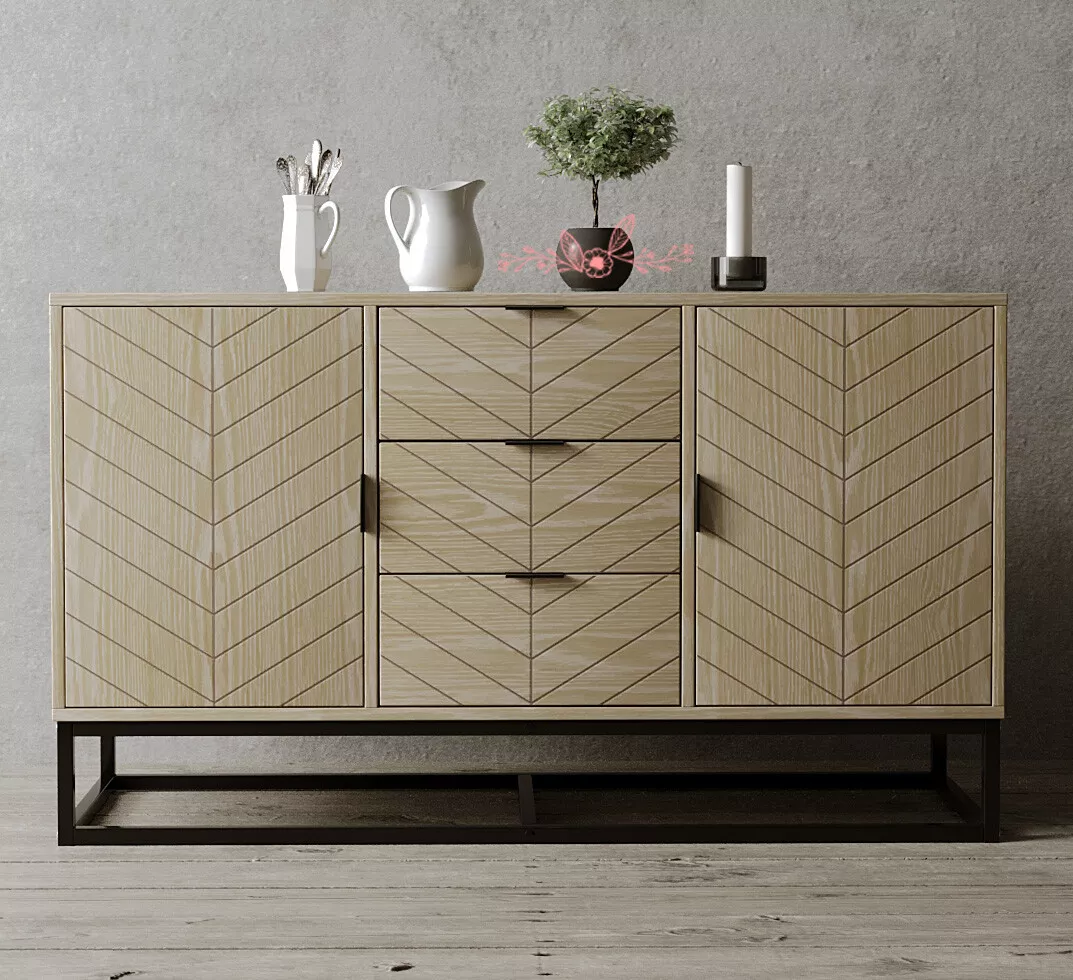 Industrial Oak Parquet Sideboard Cabinet Cupboard 3 Drawers 2 Doors 130 cms New