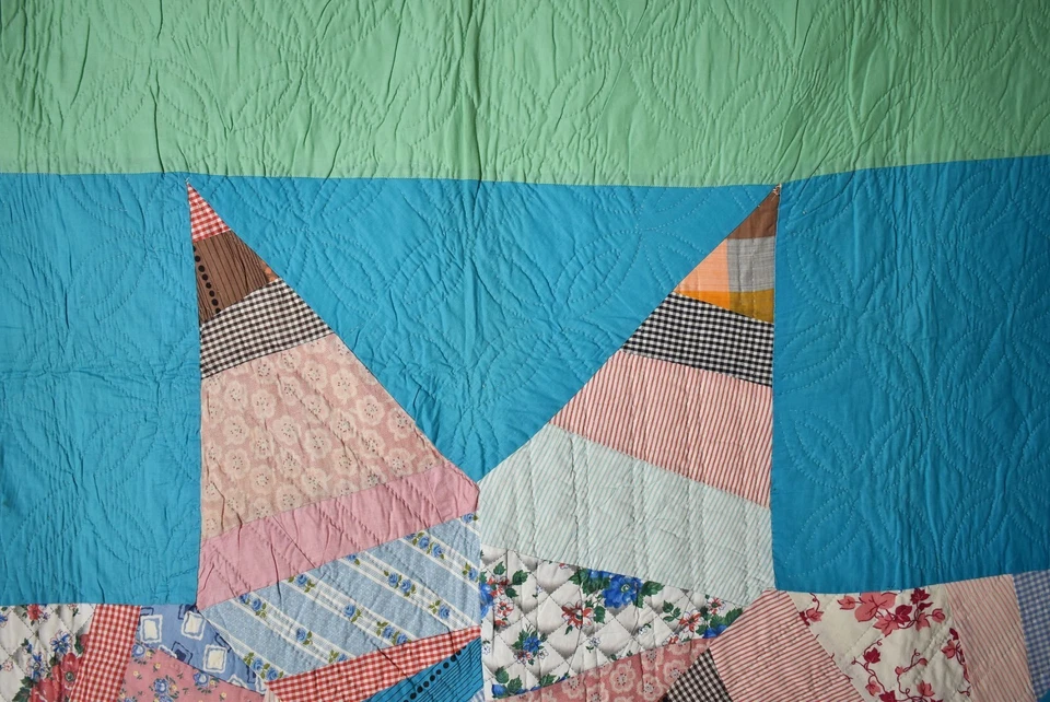 Colorful Vintage 40's Lone Star Antique Quilt, NICE BLUE BACKGROUND! - Image 3 of 4