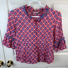 Women's Rungolee Blue Red Top Button Front Pompom Ruffle Medium M