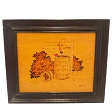 Vintage Wood Burn Art Barrel Scene Signed Wall Decor Farmhouse CabinE Hoagland