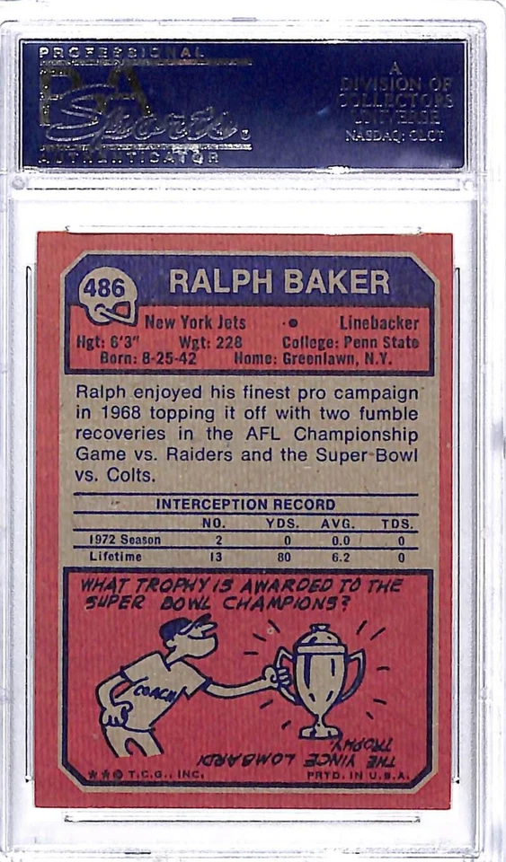 1973 Topps #486 Ralph Baker New York Jets Football Card PSA 10 GEM MINT Pop 6 - Image 2 of 2