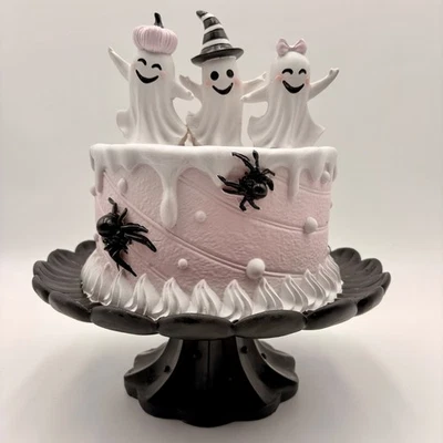 Pinkoween Halloween Ghost Cake Spooky Sweet Pastel Decor Black Pedestal Base - Image 1 of 4