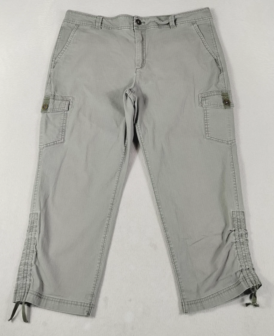 Eddie Bauer Cargo Capri Pants Womens 14 Green Twill Crop Ruched Travel Casual