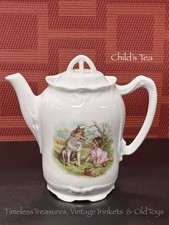 Early 1900 Child  s Porcelain Teapot w/Lid Victorian Baby Girl, Wolf Dog Flowers