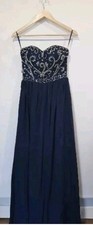 GRACE KARIN Ballgown Prom Wedding UK6 Chiffon Navy Blue Gem Embossed Bodice 0102
