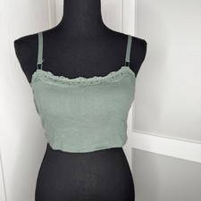 Aerie Lace Trim Cami Crop Top Womens Size Medium Olive Green Ribbed Stretch