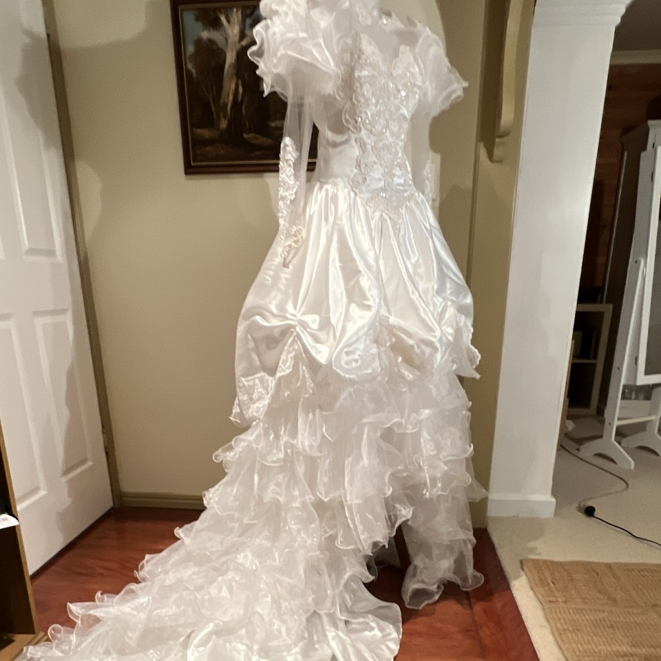 White Lace Satin Princess Ball Gown Wedding Dress, Sheer Sleeve, Ruffles + Train