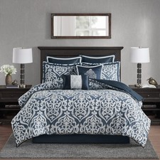 Madison Park Odette 8 Piece Comforter Set Queen Navy Jacquard Damask
