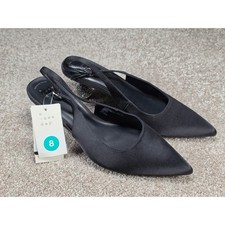 A New Day Simone Black Satin Slingback Pointed Toe Rhinestone Orb Heel Pumps 8