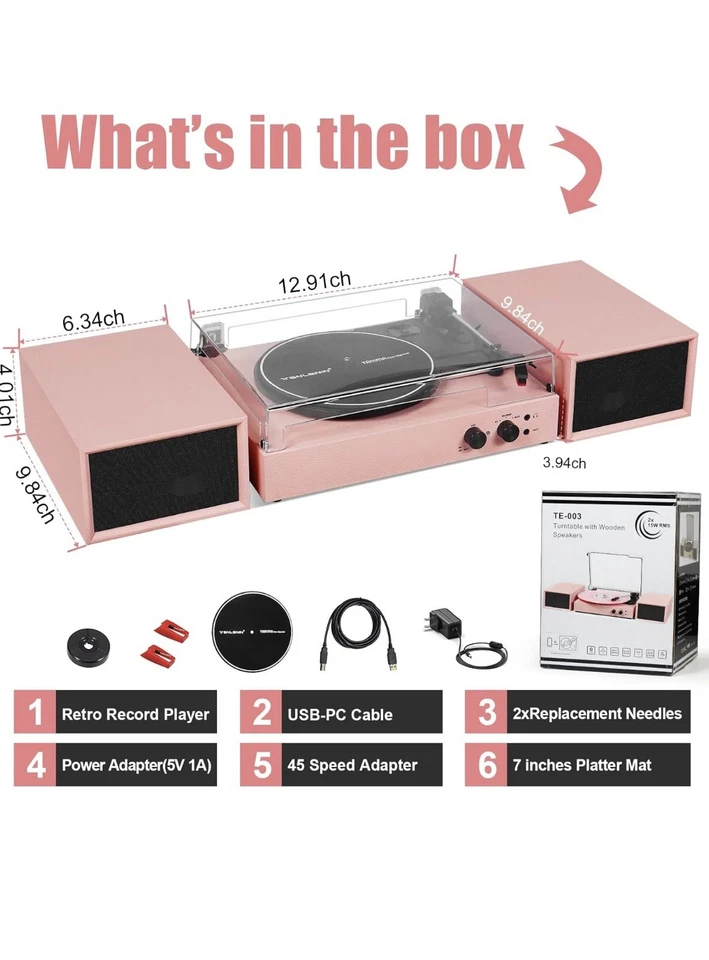 Tocadiscos Vinilo Rosa Bluetooth 3 Velocidades con Altavoces y USB MP3 Foto 2 de 2