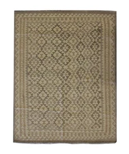 Khaki Brown Kilim Rug: Afghan Wool Flatweave, Handmade Geometric Tribal Design