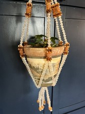 Vintage 70s Plastic Bead Macrame Plant Hanger Kitschy Clear Orange