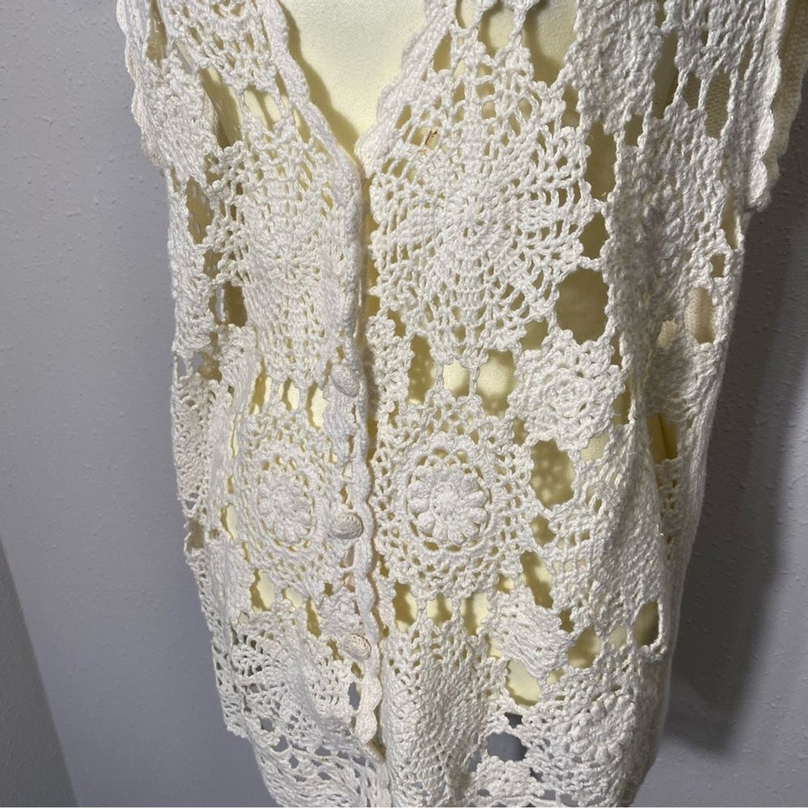 Vintage Sostanza Open Knit Crochet Doily Like Button Up Sweater Vest Women's Med