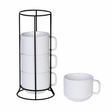 Porcelain Stackable Coffee Mugs Set of 4 with Metal Stand, 13 Ounce Stackable...