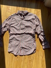 Banana Republic Mens Cotton LS Button Up Gray Brick Red Striped Shirt L 16-16.5