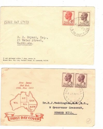 Australia 1951/52 GeoV1 on FDCs,cds SUMMER HILL NSW etc  (2 Covers)