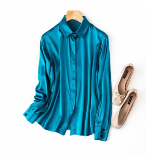 93% Natural Silk 7% Spandex Women Buttons Up Long Sleeve Shirt Top Blouse MM161 - Picture 32 of 37