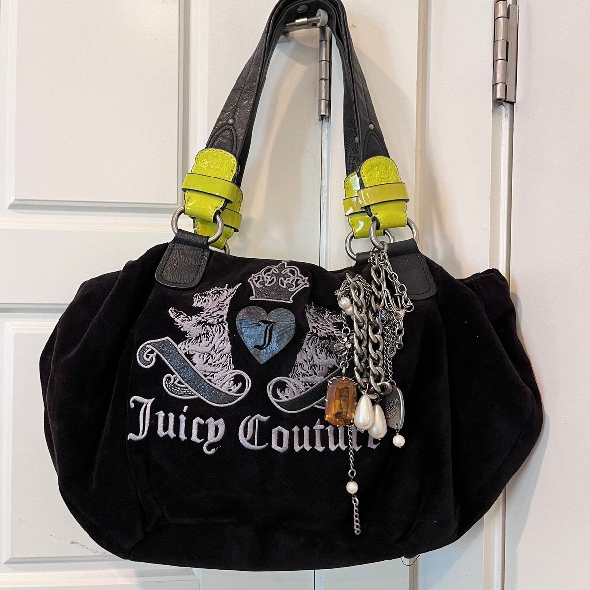 Juicy Couture black velvet lime green shoulder bag womens Juicy Couture black velvet lime green shoulder bag womens