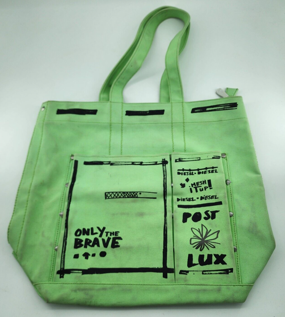 Diesel Large Shoulder Tote Bag Heavy Canvas Green PopArt Post Lux
